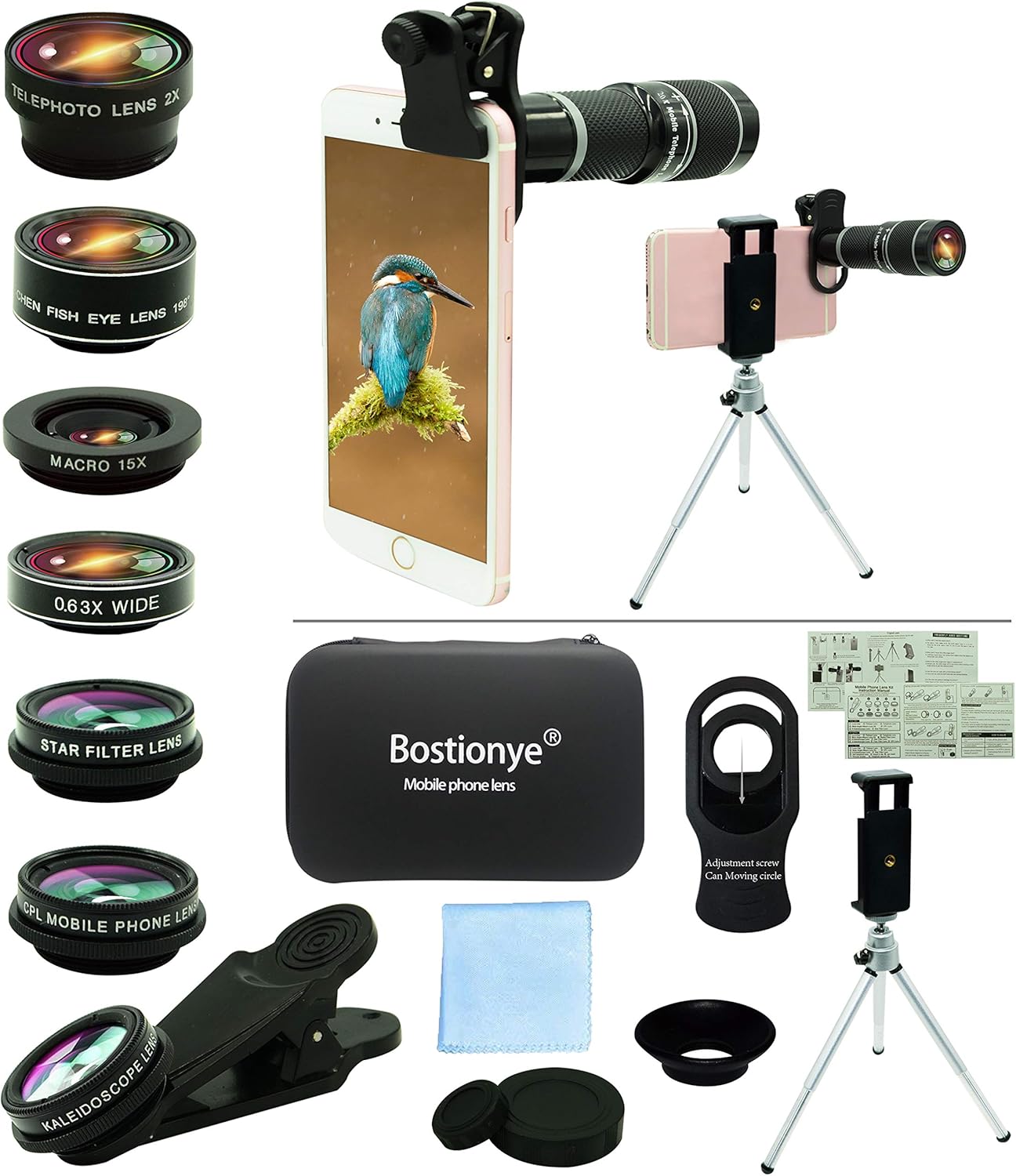 Cell Phone Camera Lens Kit,11 in 1 Universal 20x Telephoto 0.63Wide Angle 15X Macro 198°Fisheye 2X Telephoto Kaleidoscope CPL Starlight Eyemask Tripod,for Most iPhone Smartphone (Black)