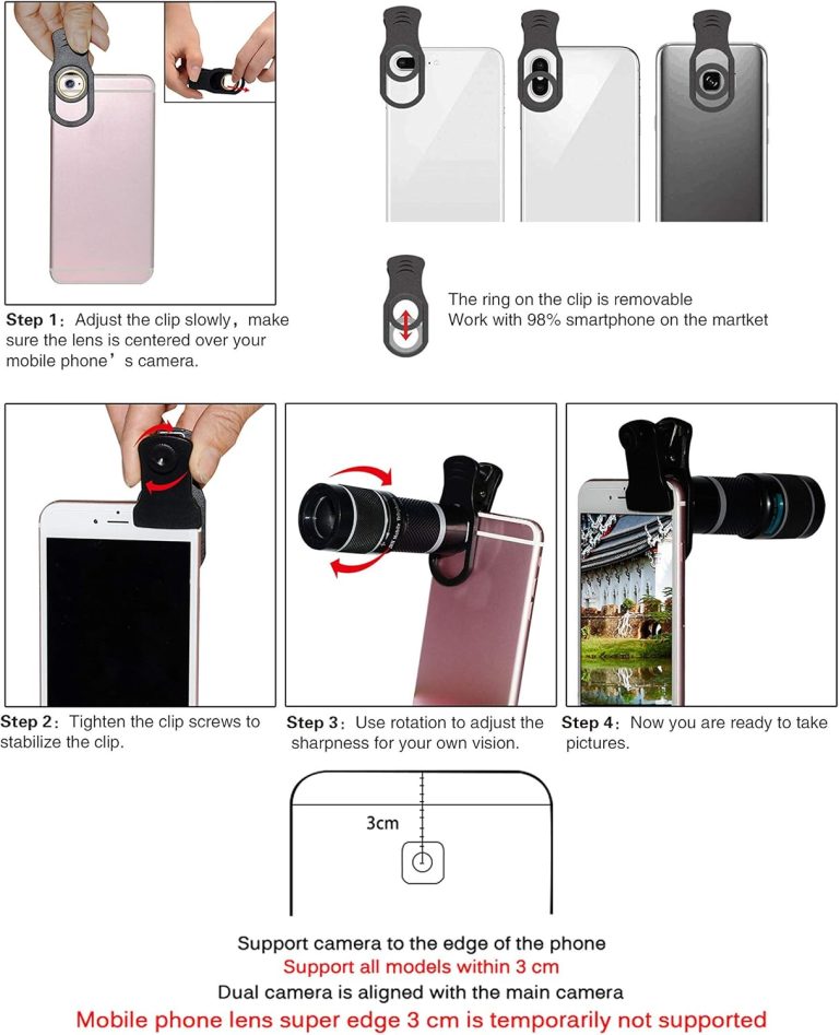 Cell Phone Camera Lens Kit,11 in 1 Universal 20x Telephoto 0.63Wide Angle 15X Macro 198°Fisheye 2X Telephoto Kaleidoscope CPL Starlight Eyemask Tripod,for Most iPhone Smartphone (Black)