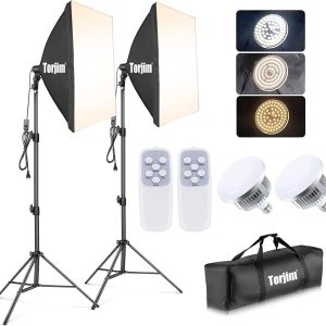 Torjim Softbox Photography Lighting Kit, 2Pcs 27″ x 27″ Professional Soft Box | 3000K-7500K 85W LED Bulbs with Remote, Photography Continuous Lighting Kit for Studio Lights, Portrait, Video Recording